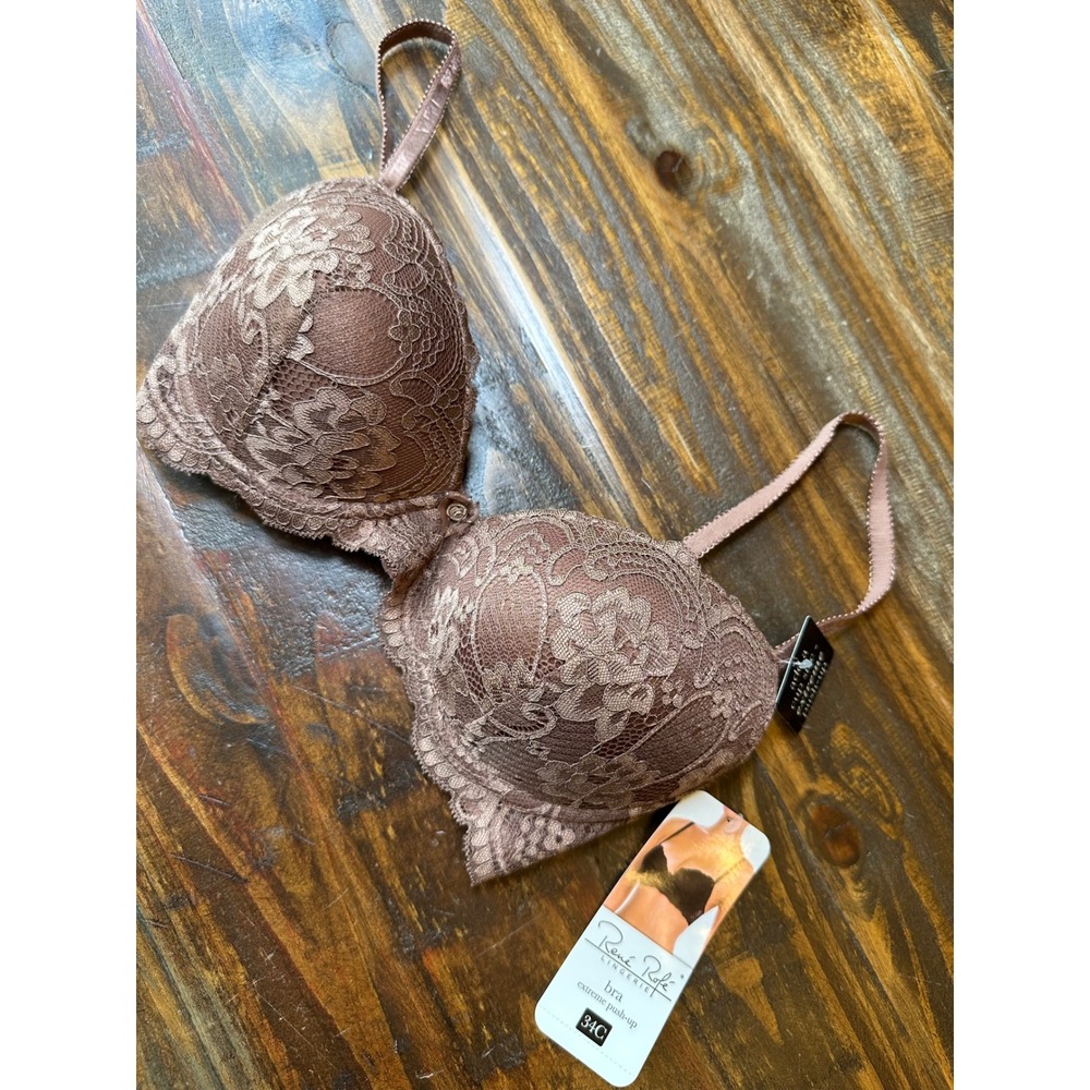 Rene Rofe Extreme Push-Up Bra 34C Taupe Brown Floral Lace Underwire NWT